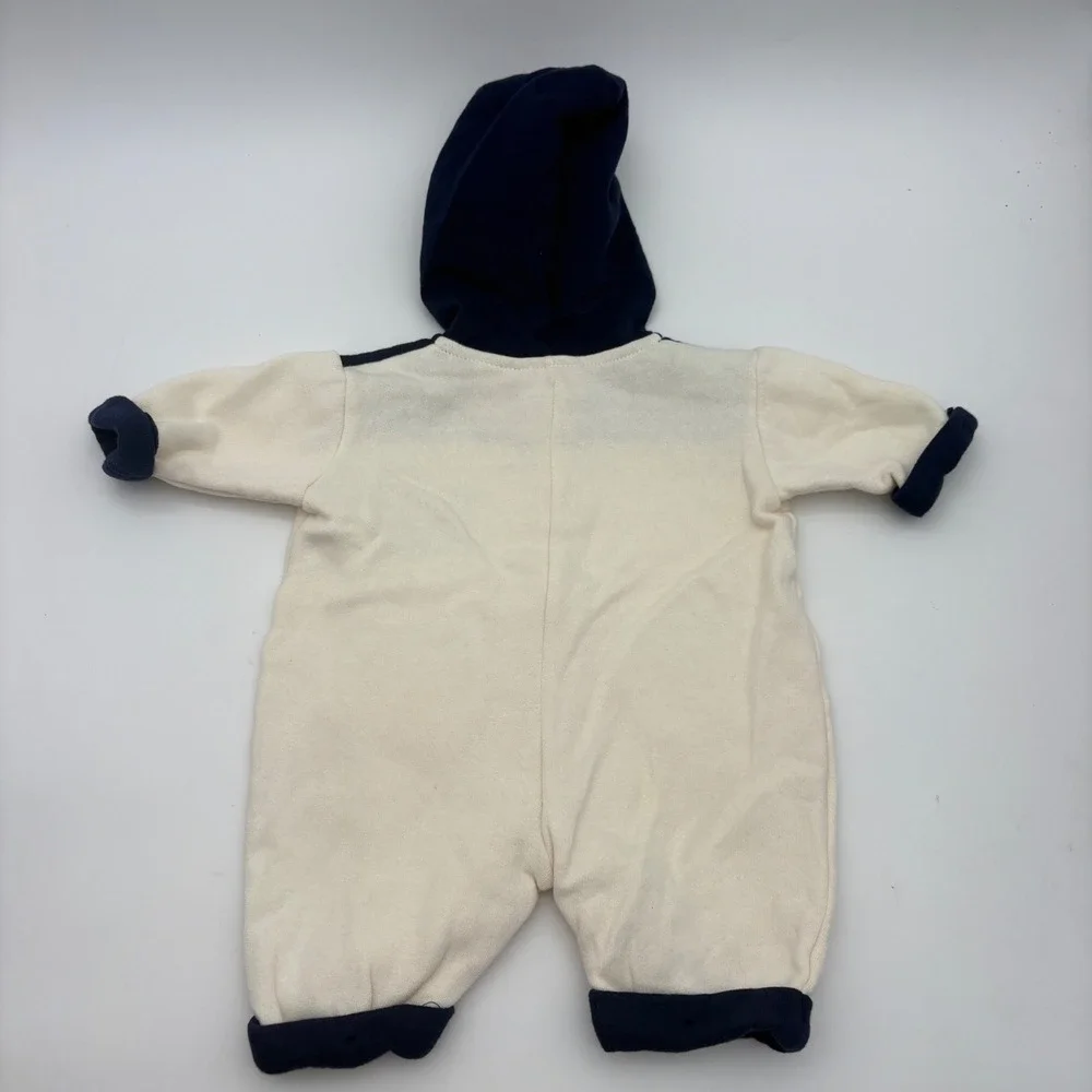 VTG Miniwear Baby Hooded Romper Cream Navy Puppy Embroidery 0-3M Fleece Lined‎